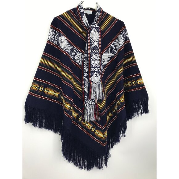 Inca Imports Southwestern Boho Navy Fringe Tassel Close Poncho Shawl One Size - Picture 2 of 5